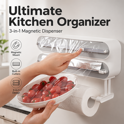 ⏳Time-Limited Special⏰3-in-1 Magnetic Kitchen Wrap Dispenser – Built-in Cutter Plastic Wrap Foil Dispenser with Paper Towel Holder, No Drilling Wall Mount Kitchen Organizer for Fridge & Cabinet