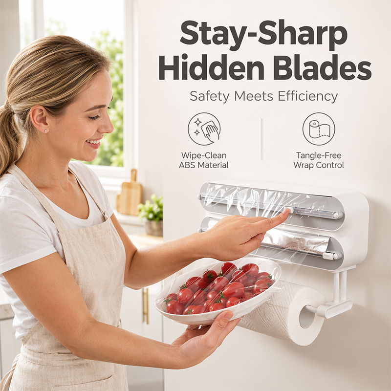 ⏳Tijdelijke Aanbieding⏰ 3-in-1 Magnetische Keuken Folie Dispenser – Ingebouwde Snijder voor Plasticfolie & Aluminiumfolie met Keukenrolhouder, Boorvrije Wandmontage Keukenorganizer voor Koelkast & Kast
