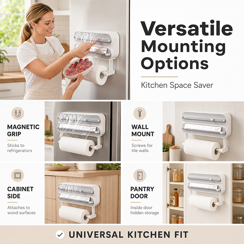 ⏳Tijdelijke Aanbieding⏰ 3-in-1 Magnetische Keuken Folie Dispenser – Ingebouwde Snijder voor Plasticfolie & Aluminiumfolie met Keukenrolhouder, Boorvrije Wandmontage Keukenorganizer voor Koelkast & Kast
