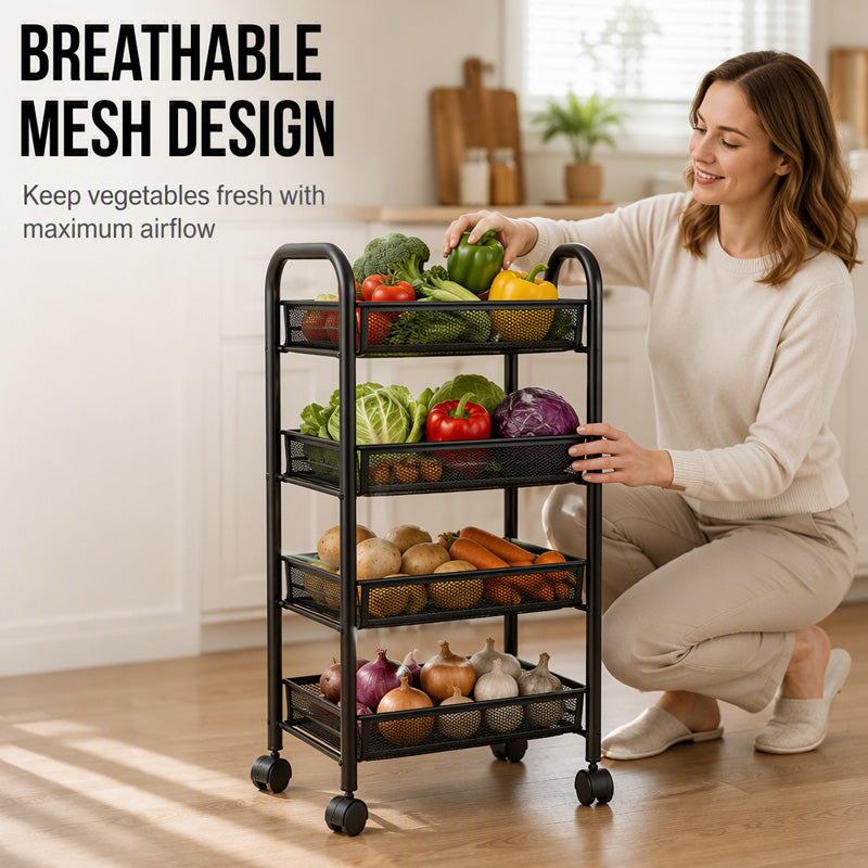 🎉 BEPERKTE TIJD 50% KORTING! 🛒 3/4-Laags Mobiele Gaas Opbergkar met Wielen – Ruimtebesparende Metalen Draad Rolkar 🏠