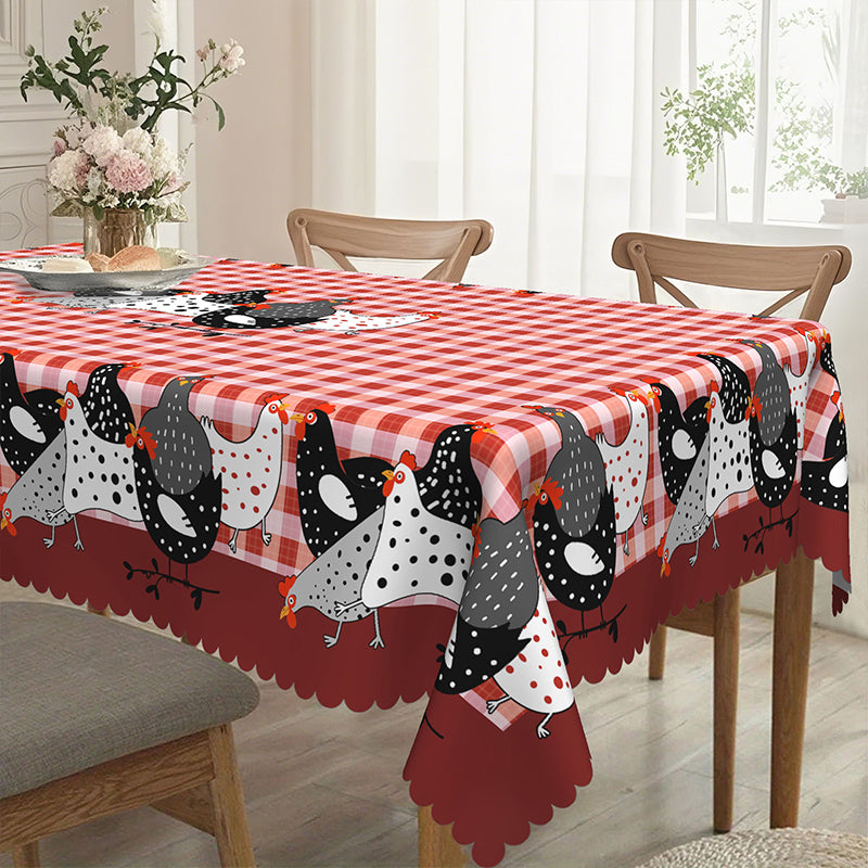 🏠 -50% ! 🐓 Tafelkleed Rode Ruiten met Haanmotief – Polyester – Vlekbestendig & Golvende Kantrand voor Rustieke Landelijke Sfeer 🧺