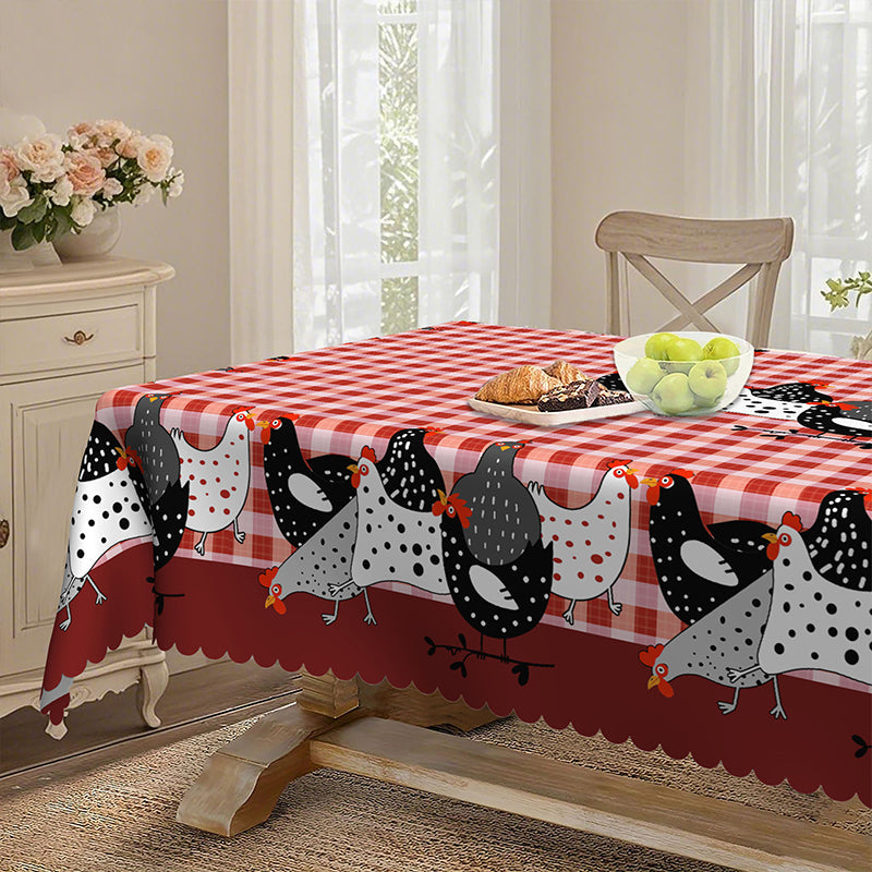 🏠 -50% ! 🐓 Tafelkleed Rode Ruiten met Haanmotief – Polyester – Vlekbestendig & Golvende Kantrand voor Rustieke Landelijke Sfeer 🧺