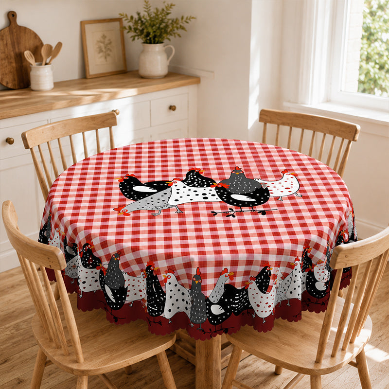 🏠 -50% ! 🐓 Tafelkleed Rode Ruiten met Haanmotief – Polyester – Vlekbestendig & Golvende Kantrand voor Rustieke Landelijke Sfeer 🧺