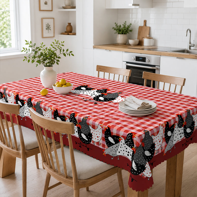 🏠 -50% ! 🐓 Tafelkleed Rode Ruiten met Haanmotief – Polyester – Vlekbestendig & Golvende Kantrand voor Rustieke Landelijke Sfeer 🧺