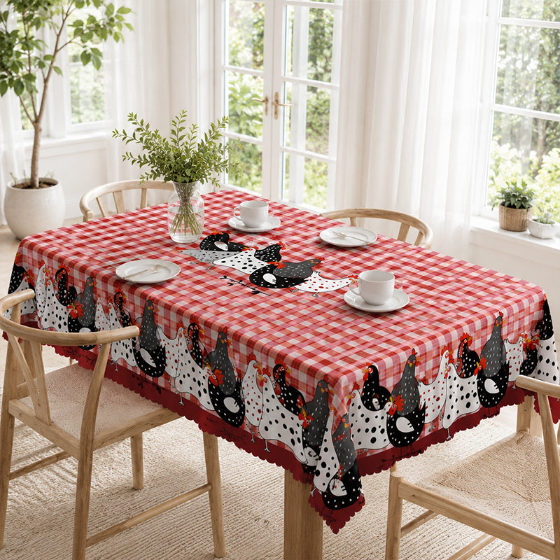 🏠 -50% ! 🐓 Tafelkleed Rode Ruiten met Haanmotief – Polyester – Vlekbestendig & Golvende Kantrand voor Rustieke Landelijke Sfeer 🧺
