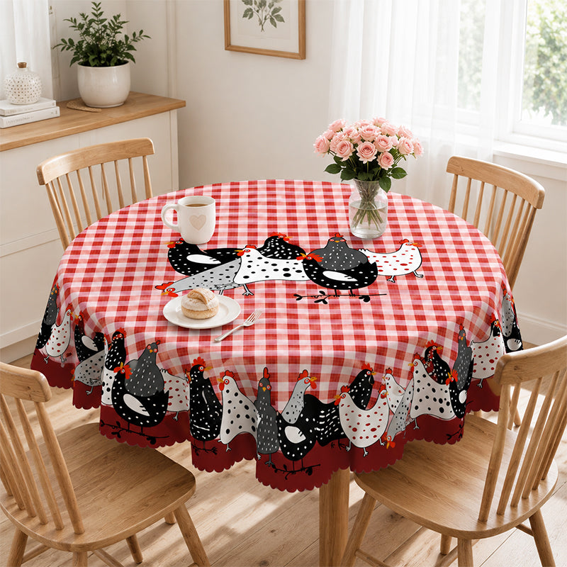 🏠 -50% ! 🐓 Tafelkleed Rode Ruiten met Haanmotief – Polyester – Vlekbestendig & Golvende Kantrand voor Rustieke Landelijke Sfeer 🧺