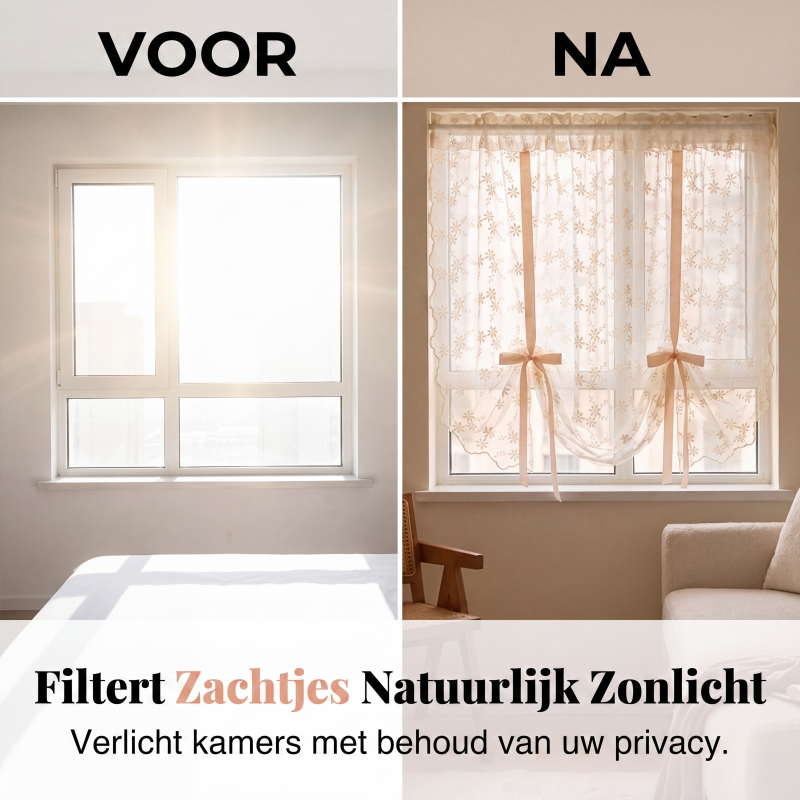 Geborduurde doorzichtige gordijn met bloemenpatroon en strikband