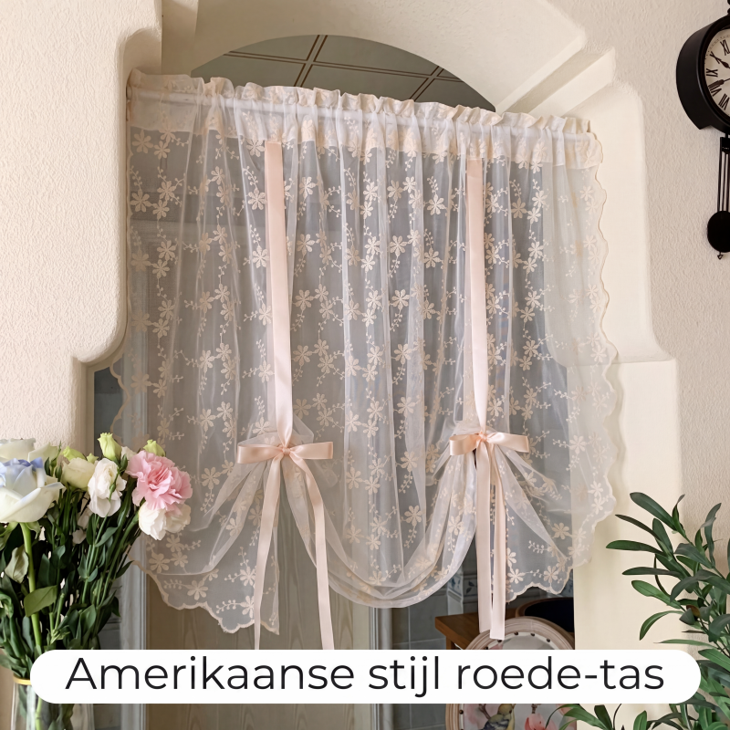 Geborduurde doorzichtige gordijn met bloemenpatroon en strikband