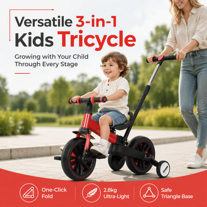 💥 50% korting! 🚲 3-in-1-driewieler voor kinderen – kinderwagen, driewieler & loopfiets. Licht (2,8 kg) & opvouwbaar. Zeer sterk koolstofstaal, EVA-wielen. Voor kinderen van 2–6 jaar, max. 90 kg. Rood/blauw/roze/geel 🛡️
