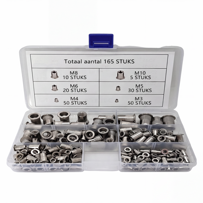 Gekartelde blindklinkmoeren assortimentsset – 165 stuks, M3–M10, aluminiumlegering