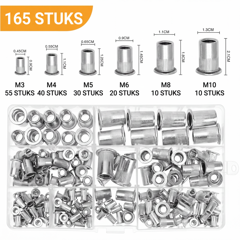 Gekartelde blindklinkmoeren assortimentsset – 165 stuks, M3–M10, aluminiumlegering