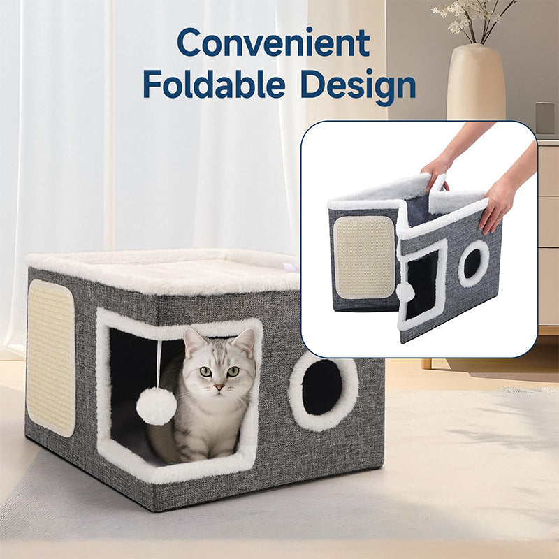 🐱 PROMO FLASH : 50% DE RÉDUCTION ! 🏠 Maison Cube Pliable 2-en-1 pour Chat – Design Bi-Niveau & Griffoir Intégré – Confort Toutes Saisons – Gain de Place & Portable 🐾