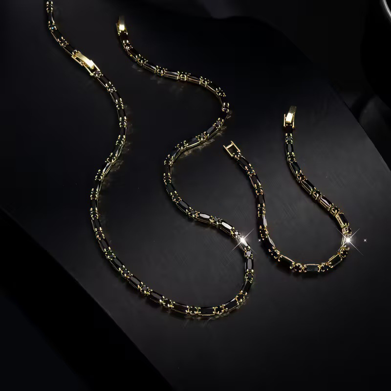 💥Ketting en armband als bijpassende set met zirkonia-stenen – Vergulde Koperen Sieradenset | Geometrische Schakels | Verstelbaar 40+5,5 cm | Gegalvaniseerd ✨💍