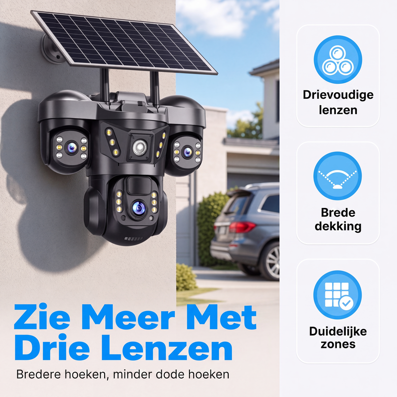 Beveiligingscamera met drievoudige lens op zonne-energie en WiFi
