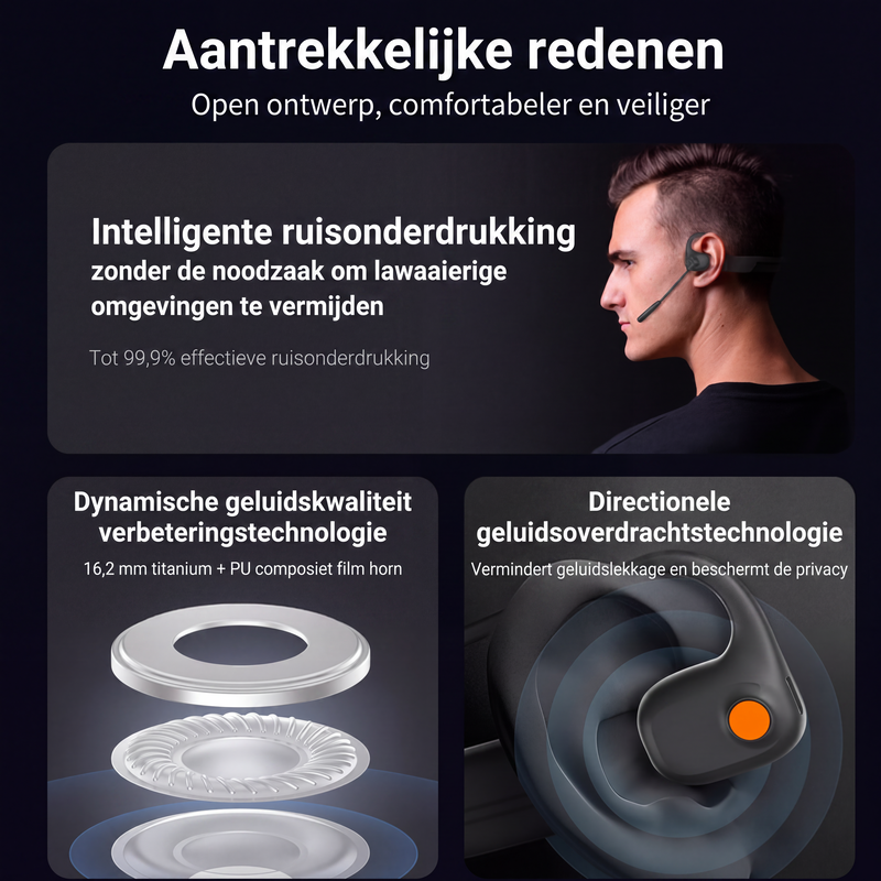 Open-ear Bluetooth-headset met ruisonderdrukkende microfoon