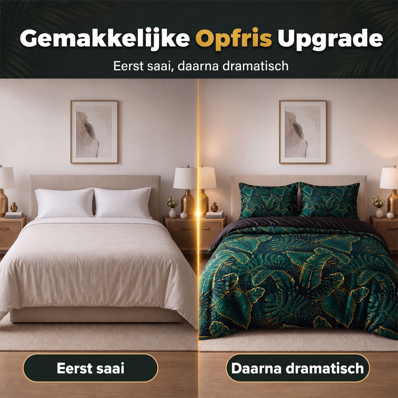 Beddengoedset met tropische palmbladeren