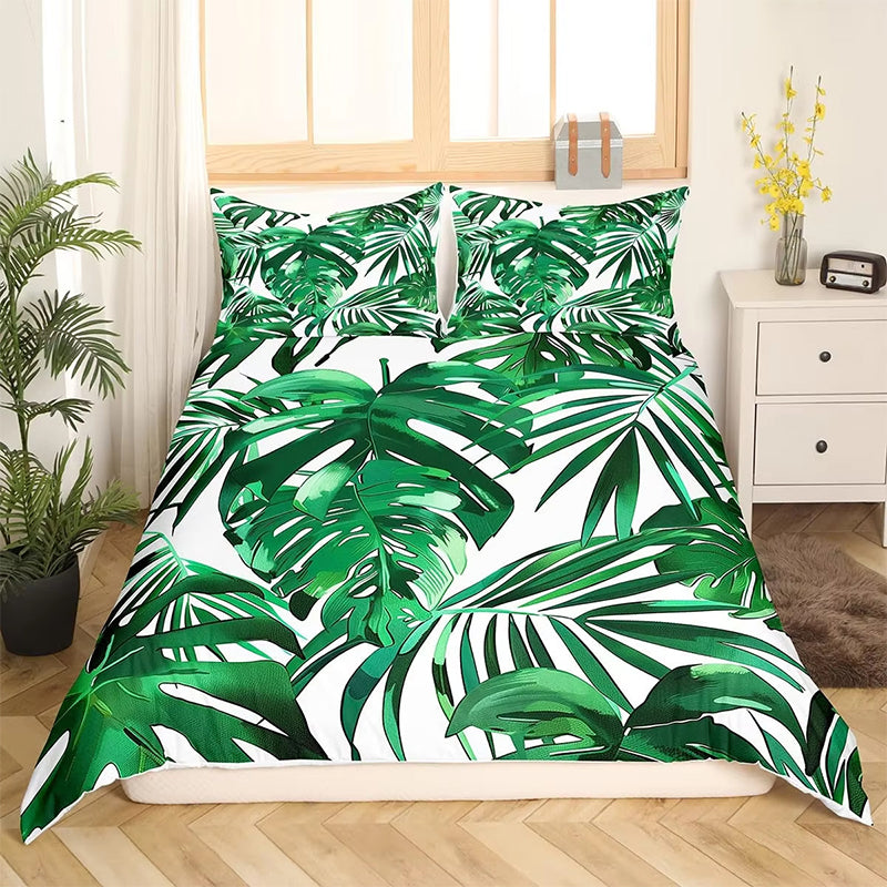 Beddengoedset met tropische palmbladeren