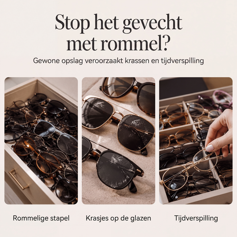 2-laags zonnebrillenopbergdoos met transparante glazen bovenkant voor weergave