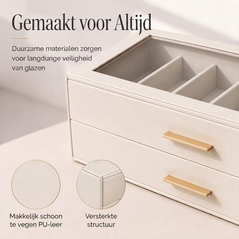 2-laags zonnebrillenopbergdoos met transparante glazen bovenkant voor weergave