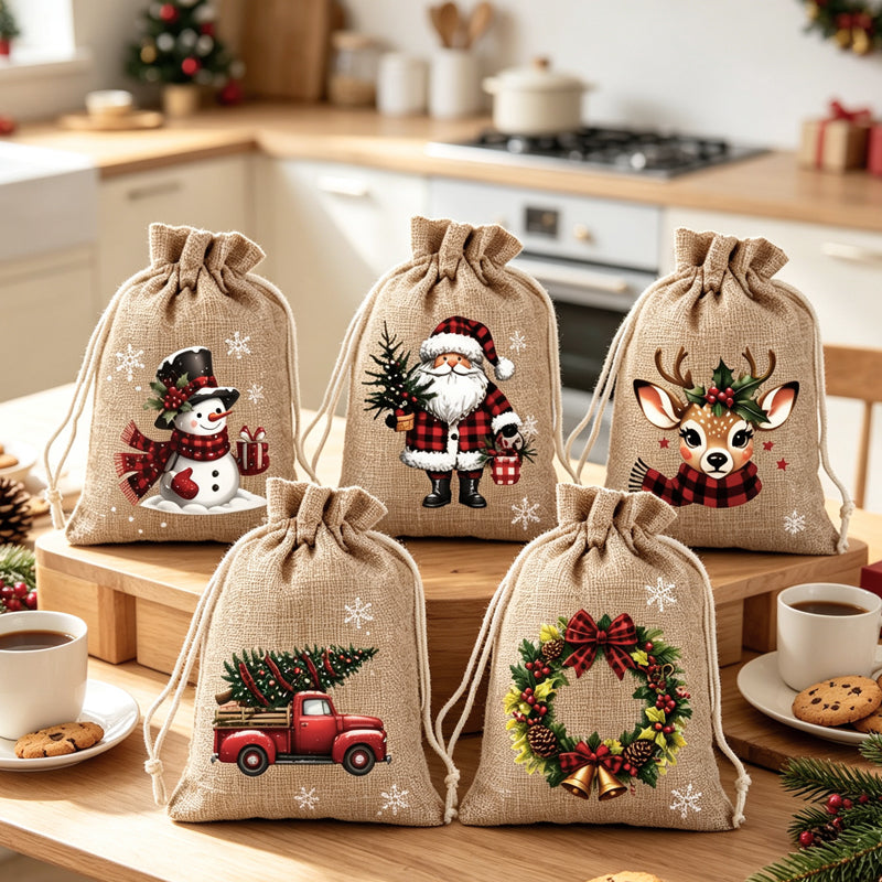 🎁 50% KORTING💥Kerstcadeauzakjes met Schattige Prints | Herbruikbaar & Scheurvast | Met Koordsluiting voor Snoep, Sieraden & Kleine Cadeautjes