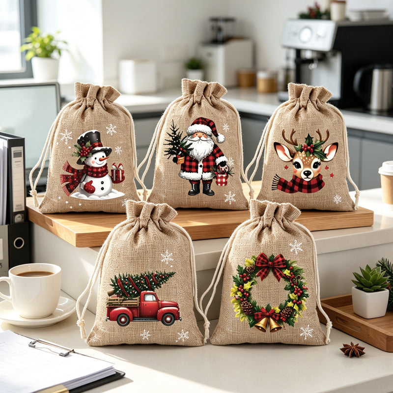 🎁 50% KORTING💥Kerstcadeauzakjes met Schattige Prints | Herbruikbaar & Scheurvast | Met Koordsluiting voor Snoep, Sieraden & Kleine Cadeautjes