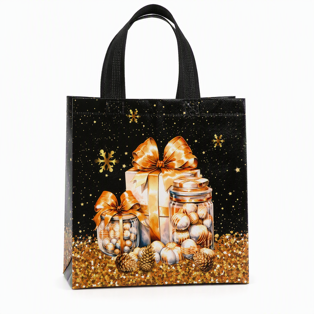 Zwarte kerstcadeautas van non-woven materiaal, feestelijke cadeauverpakkingszak 23x22x11cm