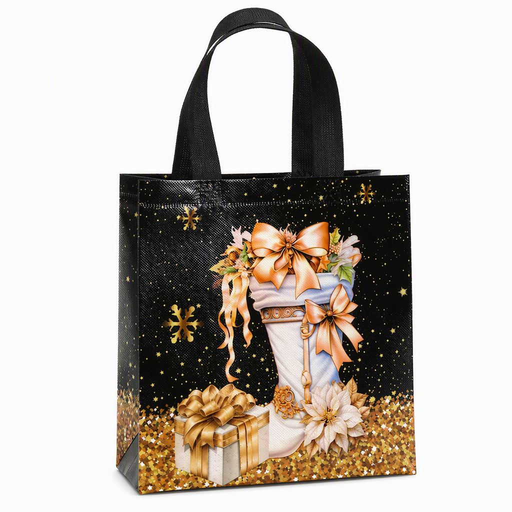 Zwarte kerstcadeautas van non-woven materiaal, feestelijke cadeauverpakkingszak 23x22x11cm