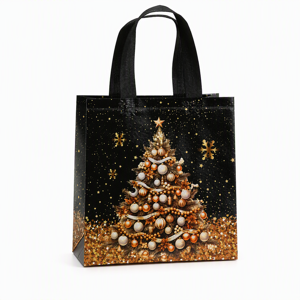 Zwarte kerstcadeautas van non-woven materiaal, feestelijke cadeauverpakkingszak 23x22x11cm