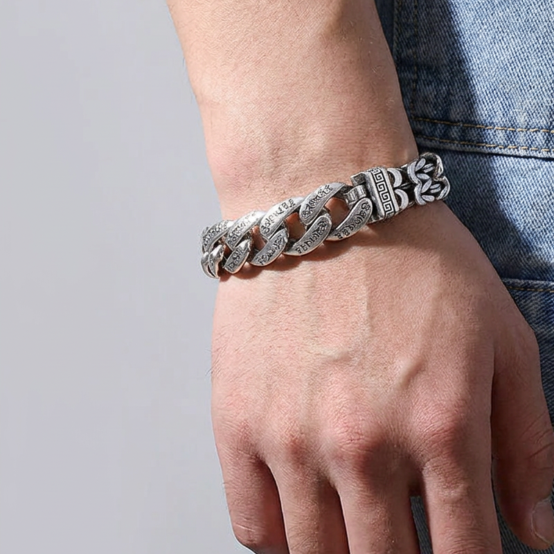 Poeak Retro Mantra Armband voor Mannen | Zeslettergrepige Mantra | Vintage Zilveren Afwerking
