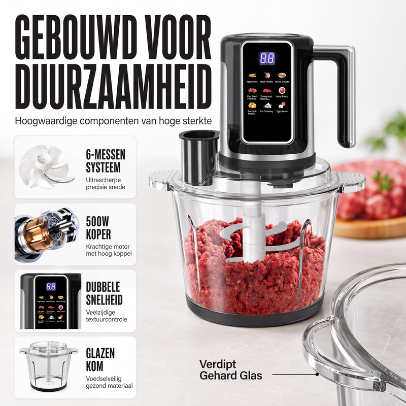 Multifunctionele foodprocessor met aanraakbediening en glazen kom