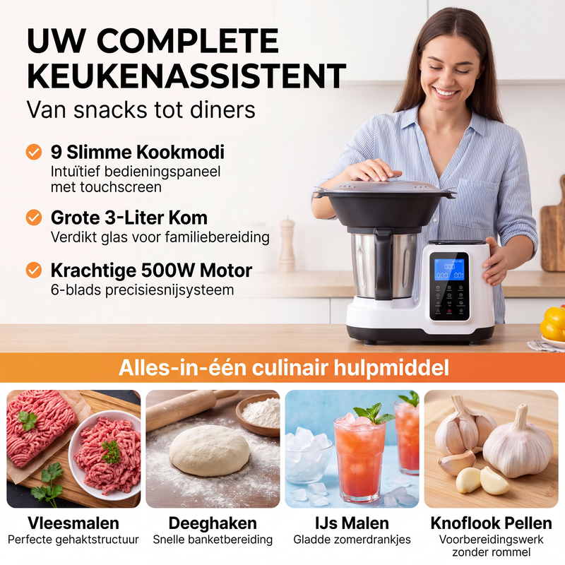 Multifunctionele foodprocessor met aanraakbediening en glazen kom