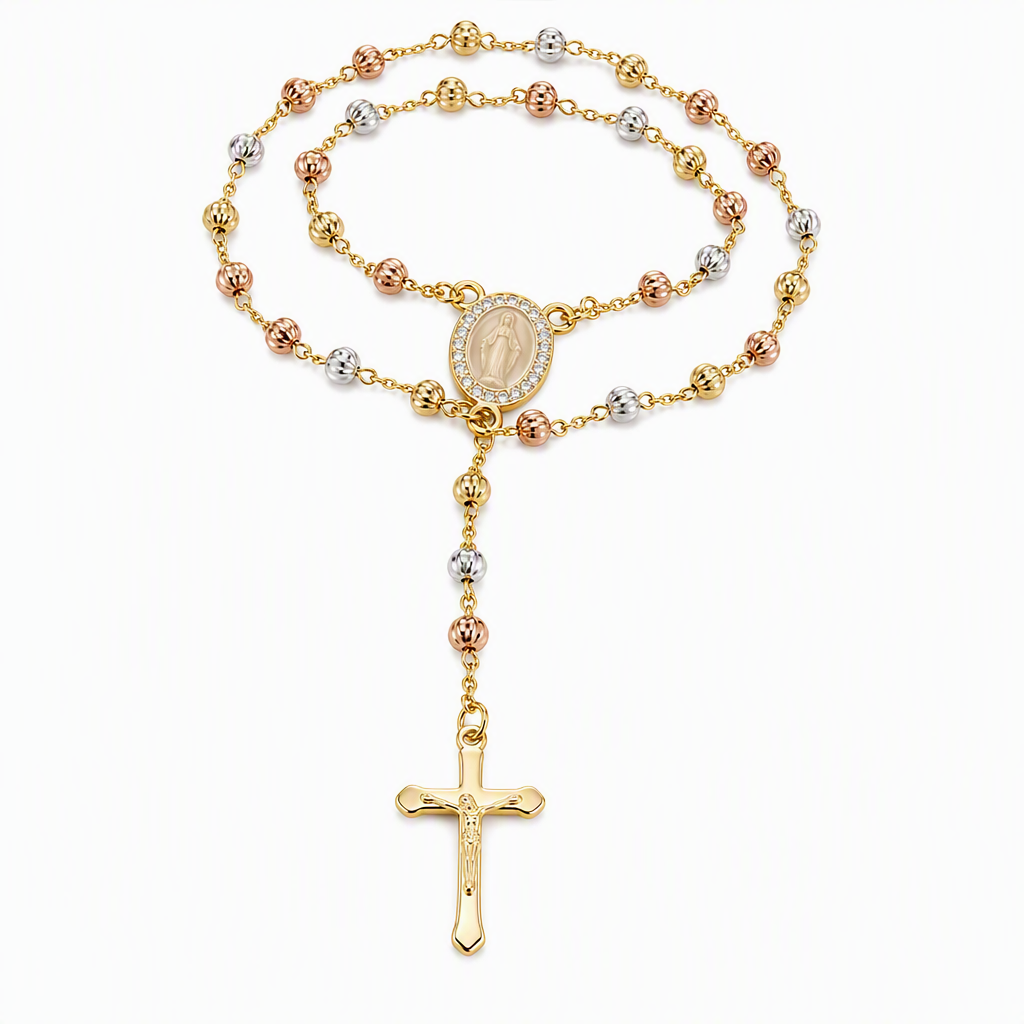 Retro hangerketting met kruisbeeld van de Maagd Maria in goudkleur, met kralen Y-ketting