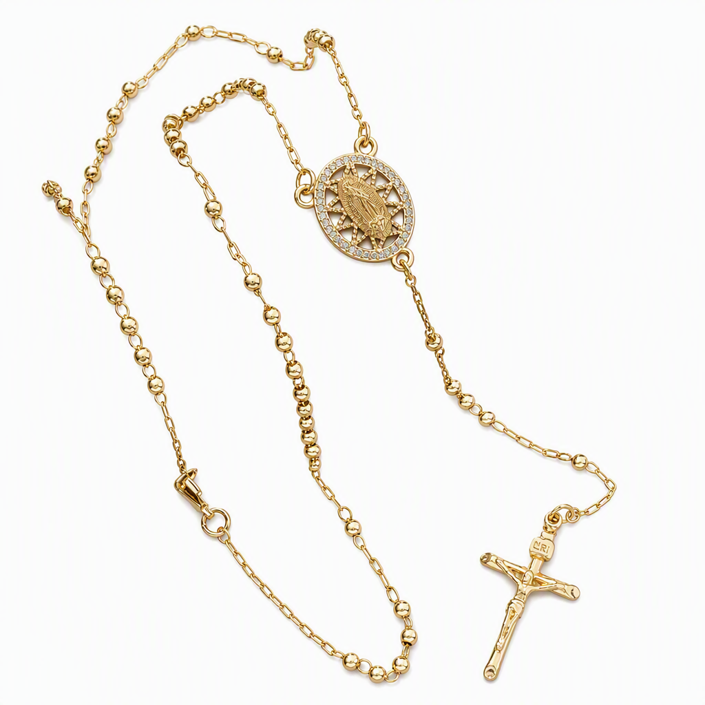 Retro hangerketting met kruisbeeld van de Maagd Maria in goudkleur, met kralen Y-ketting