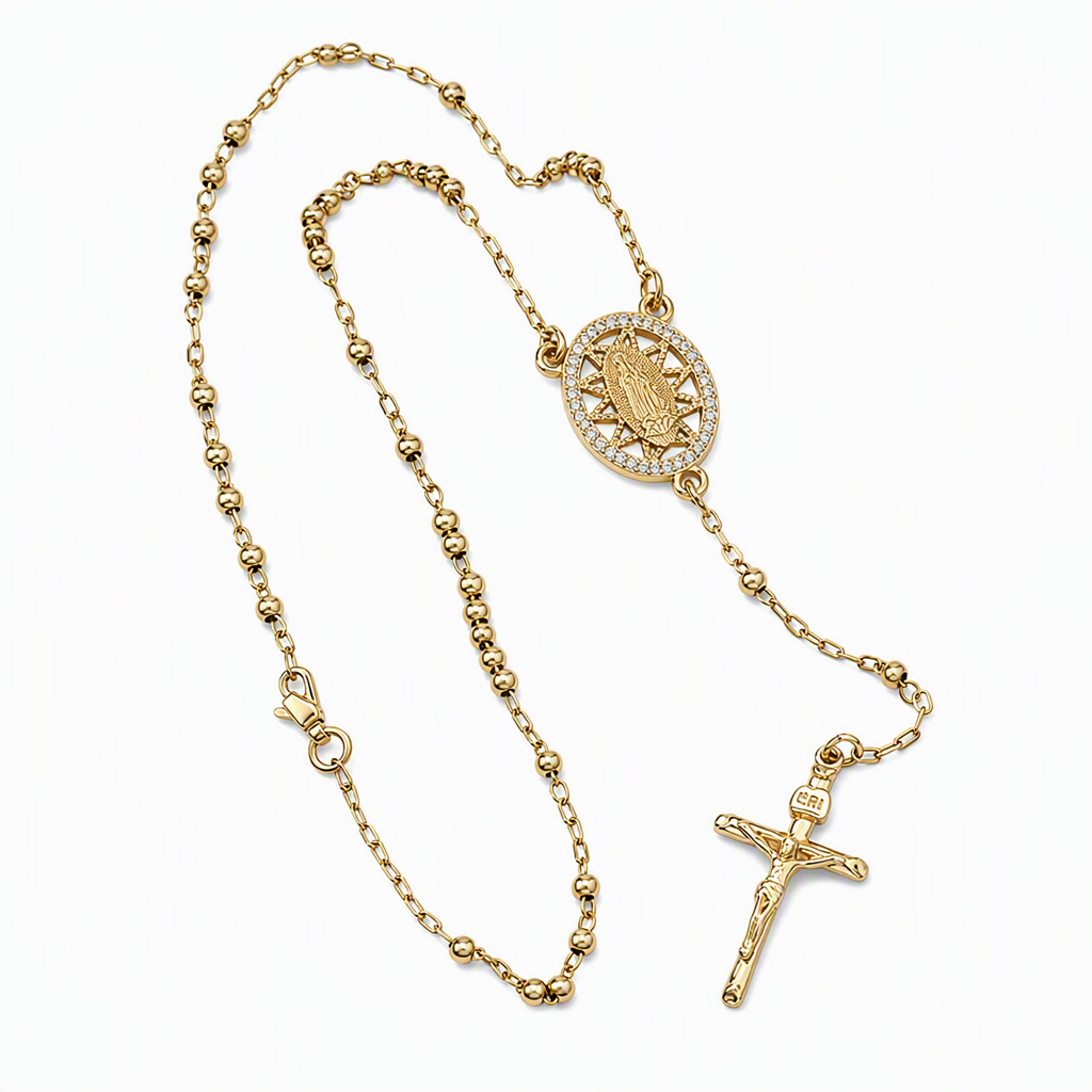Retro hangerketting met kruisbeeld van de Maagd Maria in goudkleur, met kralen Y-ketting