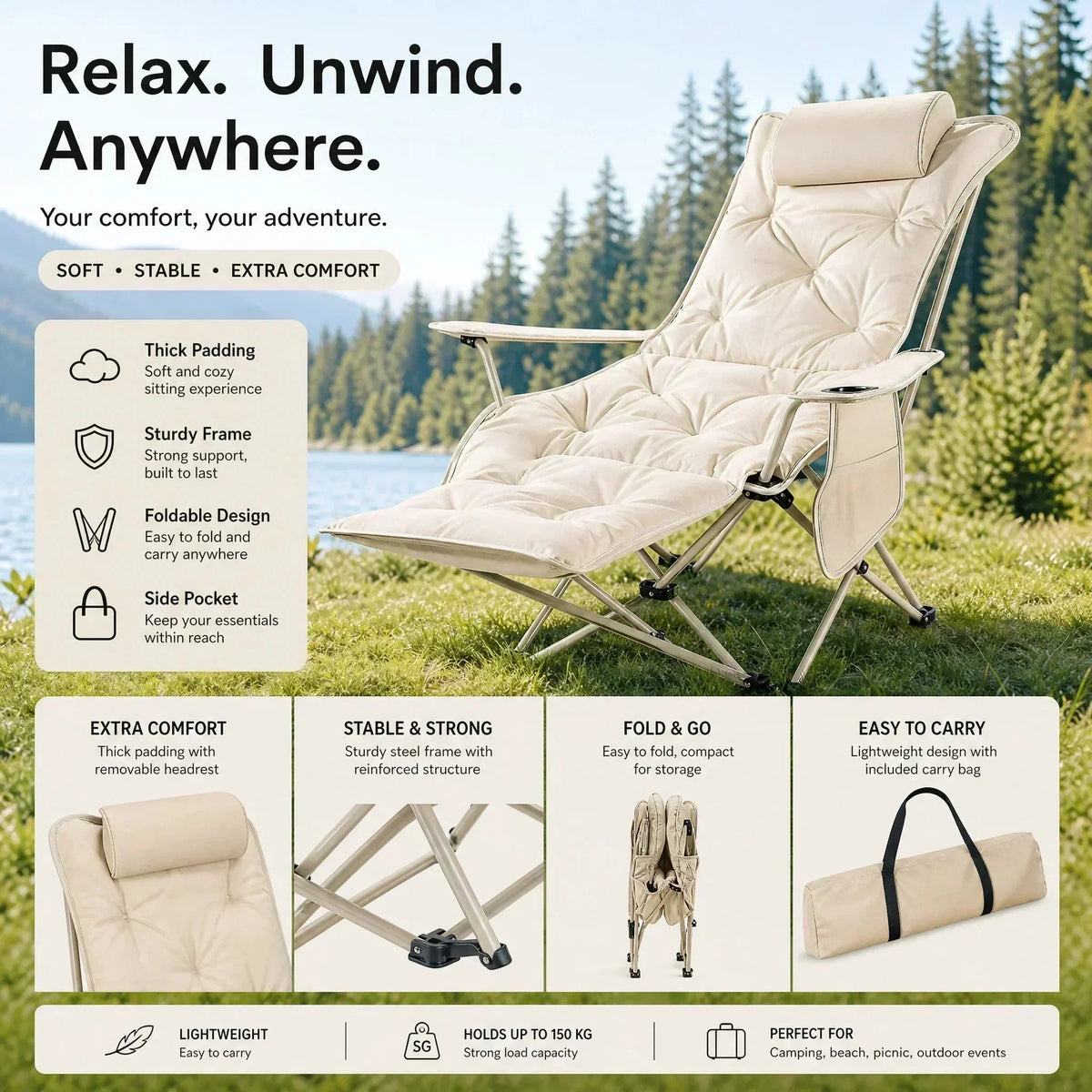 ✨🏖️ Van strand tot camping: deze verstelbare buitenstoel met beensteun en 3-4 standen past zich aan jouw comfort aan – stevig stalen frame, ademende stof, draagriem inbegrepen. 50% KORTING!