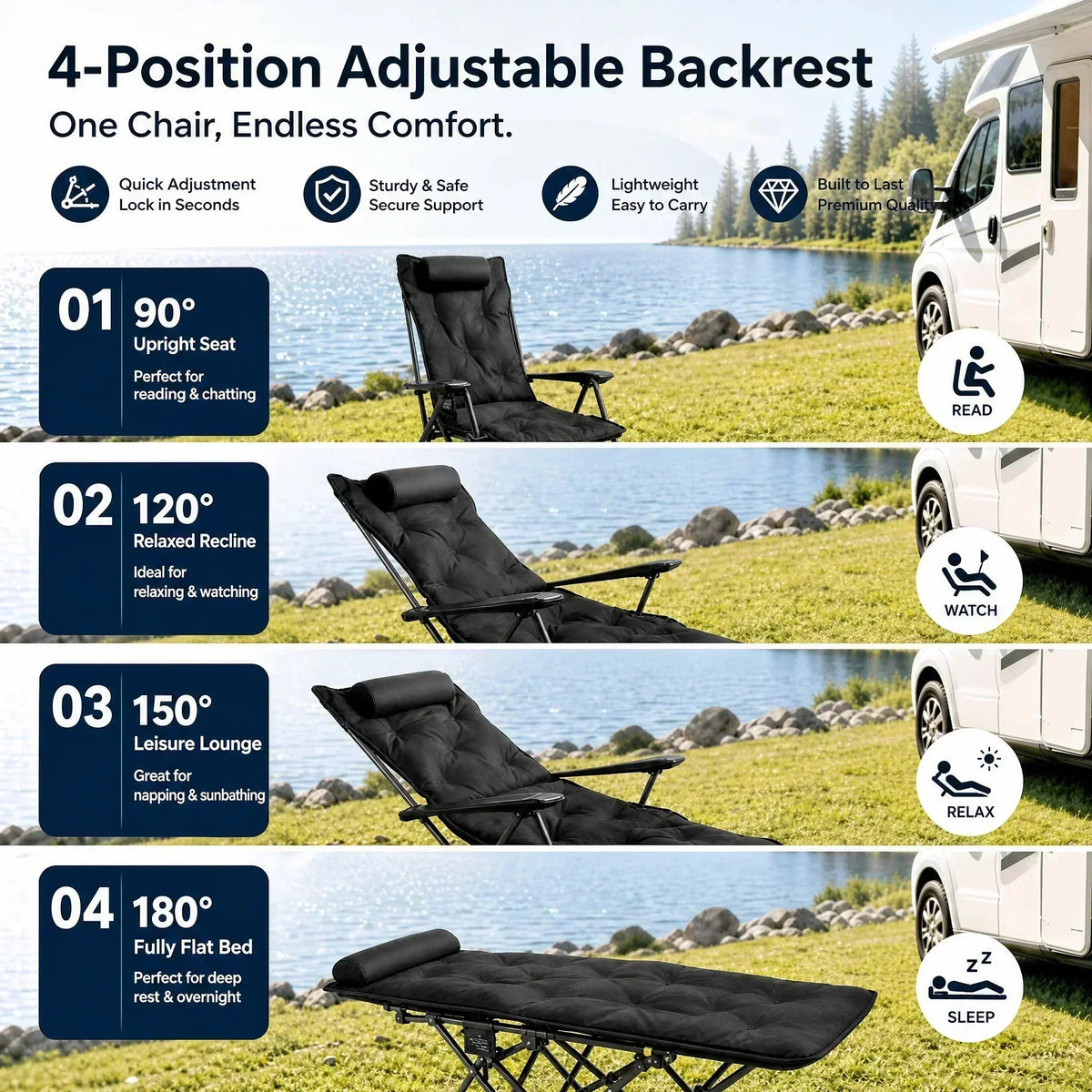 ✨🏖️ Van strand tot camping: deze verstelbare buitenstoel met beensteun en 3-4 standen past zich aan jouw comfort aan – stevig stalen frame, ademende stof, draagriem inbegrepen. 50% KORTING!