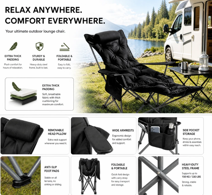 ✨🏖️ Van strand tot camping: deze verstelbare buitenstoel met beensteun en 3-4 standen past zich aan jouw comfort aan – stevig stalen frame, ademende stof, draagriem inbegrepen. 50% KORTING!