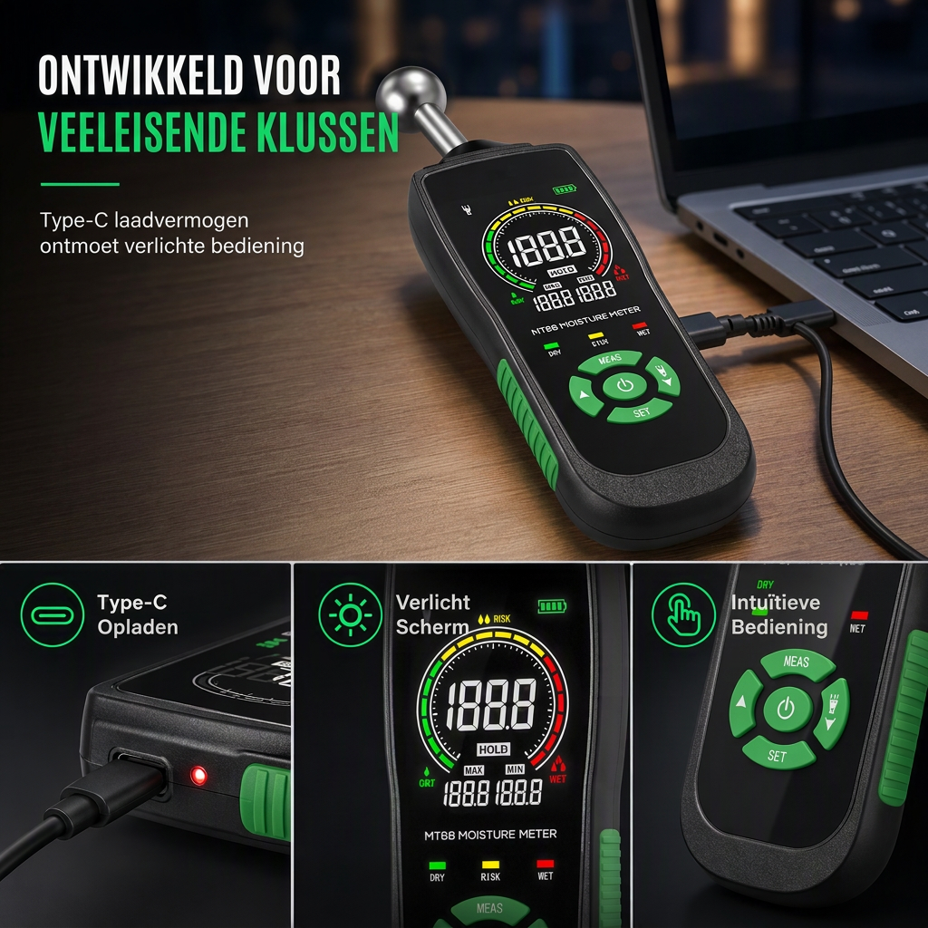 MT68 Pinloze Bolvormige Sensor Vochtmeter voor het Testen van Lekkages in Wandpleister, Stopverf, Metselwerk en Tegels