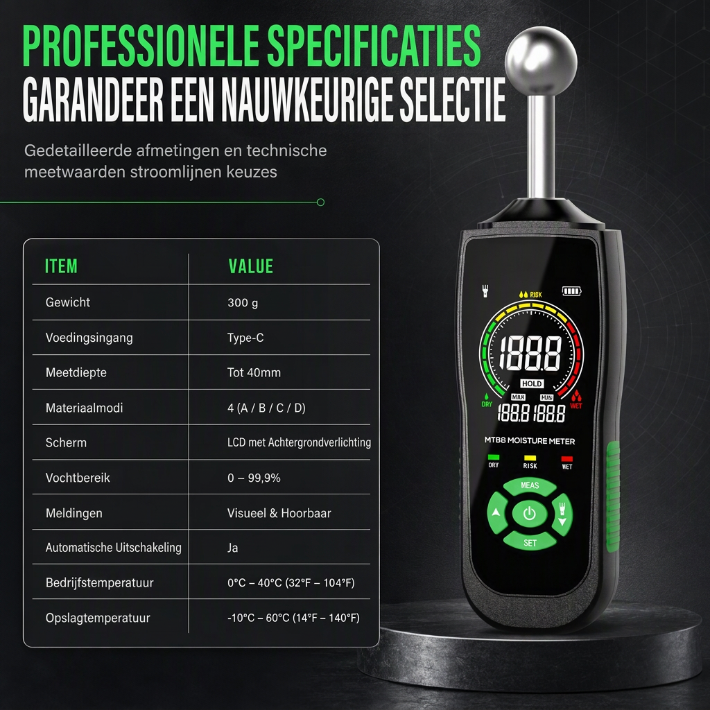 MT68 Pinloze Bolvormige Sensor Vochtmeter voor het Testen van Lekkages in Wandpleister, Stopverf, Metselwerk en Tegels