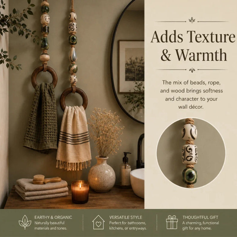🏡Decoratieve Handdoekhanger met Kralen & Houten Ring | Praktisch voor Keuken & Badkamer | Handig Ophangen met een Warme, Natuurlijke Look
