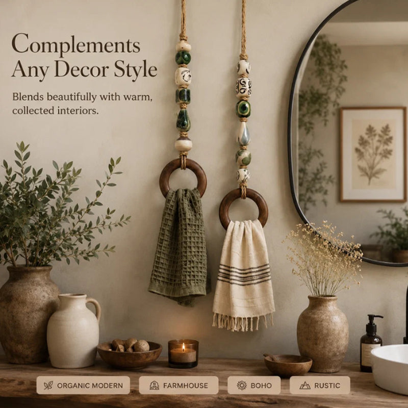 🏡Decoratieve Handdoekhanger met Kralen & Houten Ring | Praktisch voor Keuken & Badkamer | Handig Ophangen met een Warme, Natuurlijke Look