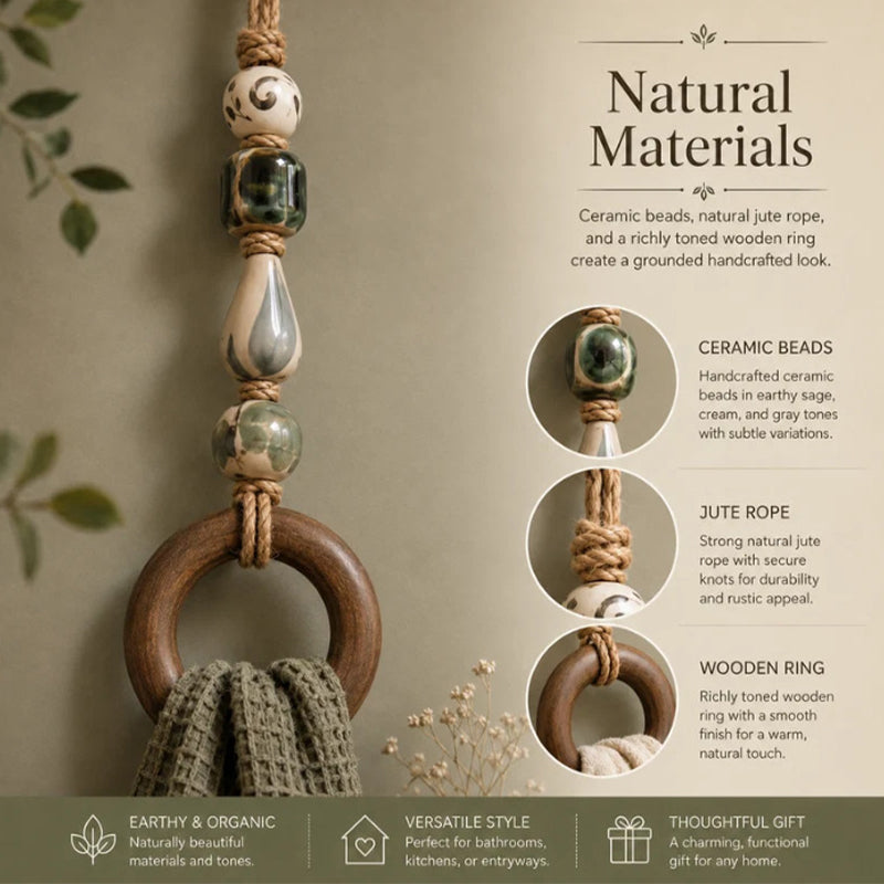 🏡Decoratieve Handdoekhanger met Kralen & Houten Ring | Praktisch voor Keuken & Badkamer | Handig Ophangen met een Warme, Natuurlijke Look