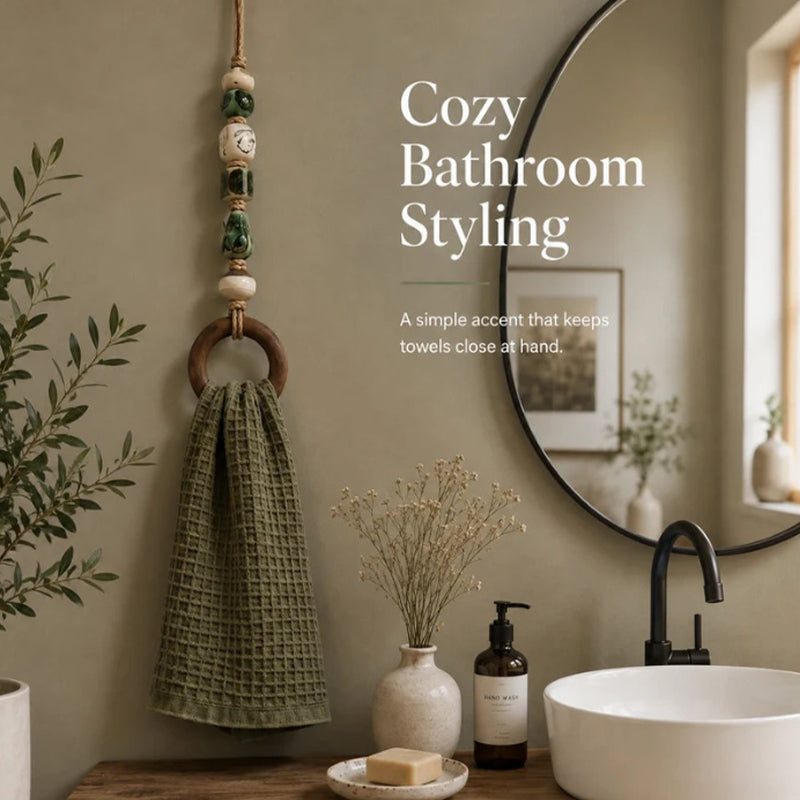 🏡Decoratieve Handdoekhanger met Kralen & Houten Ring | Praktisch voor Keuken & Badkamer | Handig Ophangen met een Warme, Natuurlijke Look