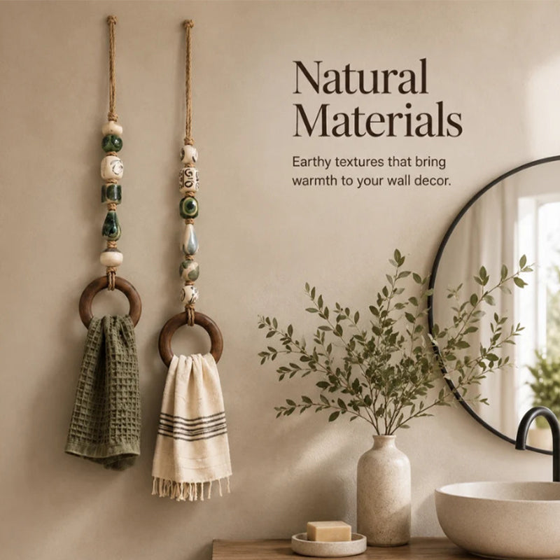 🏡Decoratieve Handdoekhanger met Kralen & Houten Ring | Praktisch voor Keuken & Badkamer | Handig Ophangen met een Warme, Natuurlijke Look