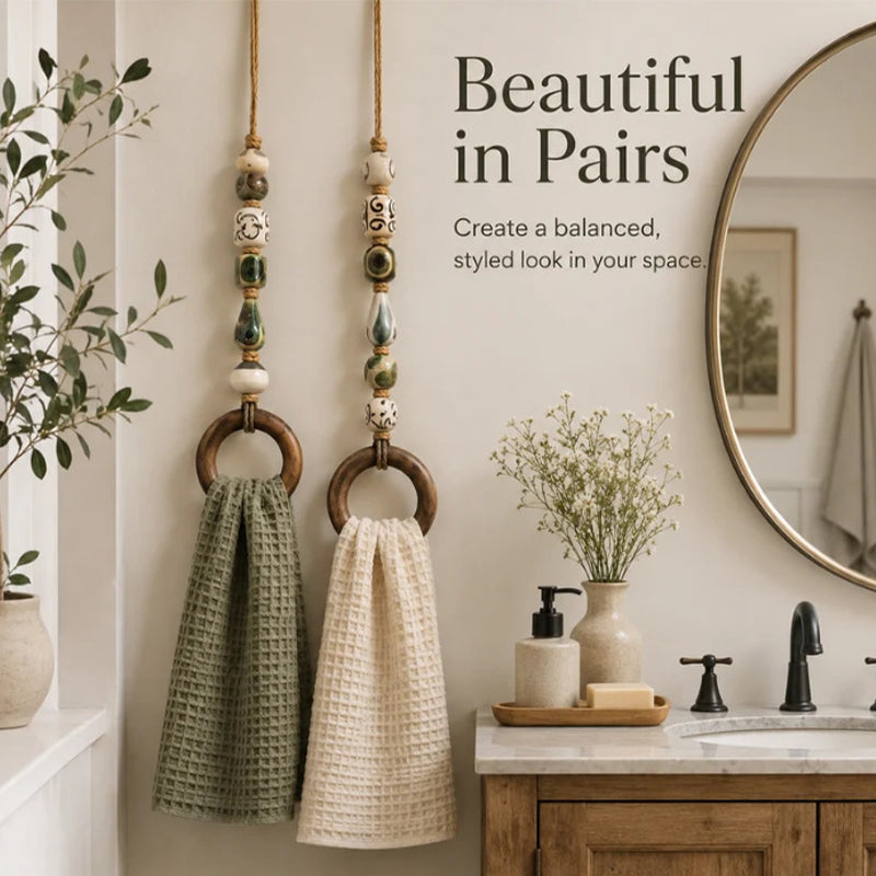 🏡Decoratieve Handdoekhanger met Kralen & Houten Ring | Praktisch voor Keuken & Badkamer | Handig Ophangen met een Warme, Natuurlijke Look