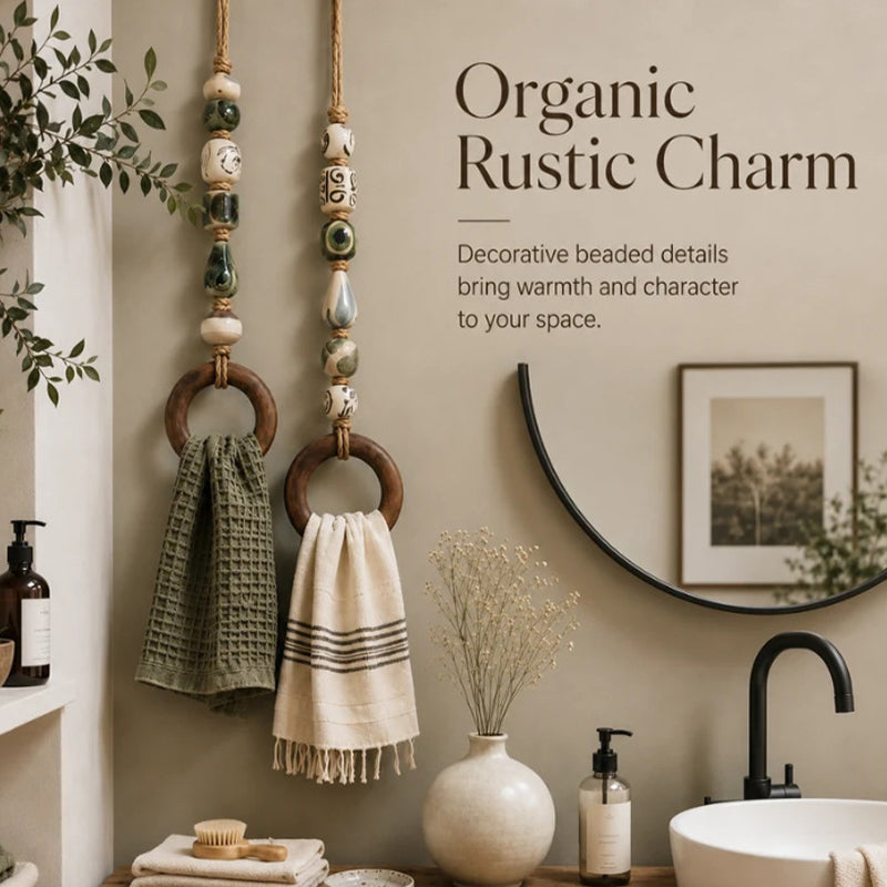 🏡Decoratieve Handdoekhanger met Kralen & Houten Ring | Praktisch voor Keuken & Badkamer | Handig Ophangen met een Warme, Natuurlijke Look