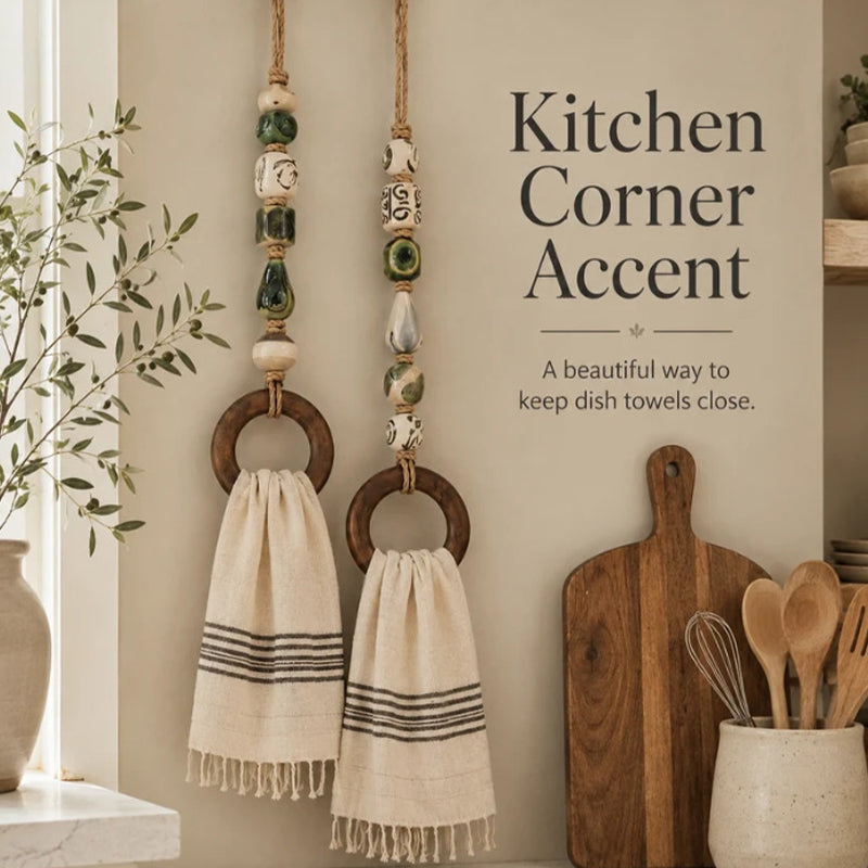 🏡Decoratieve Handdoekhanger met Kralen & Houten Ring | Praktisch voor Keuken & Badkamer | Handig Ophangen met een Warme, Natuurlijke Look