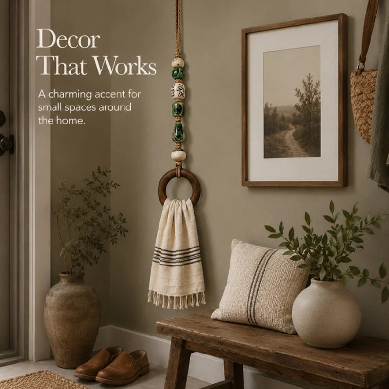 🏡Decoratieve Handdoekhanger met Kralen & Houten Ring | Praktisch voor Keuken & Badkamer | Handig Ophangen met een Warme, Natuurlijke Look