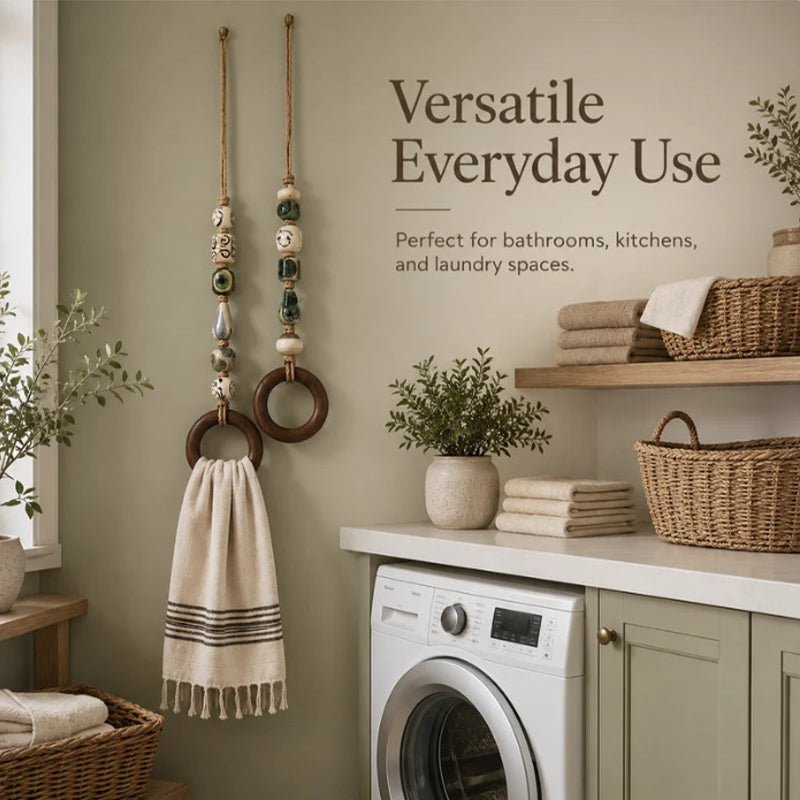 🏡Decoratieve Handdoekhanger met Kralen & Houten Ring | Praktisch voor Keuken & Badkamer | Handig Ophangen met een Warme, Natuurlijke Look