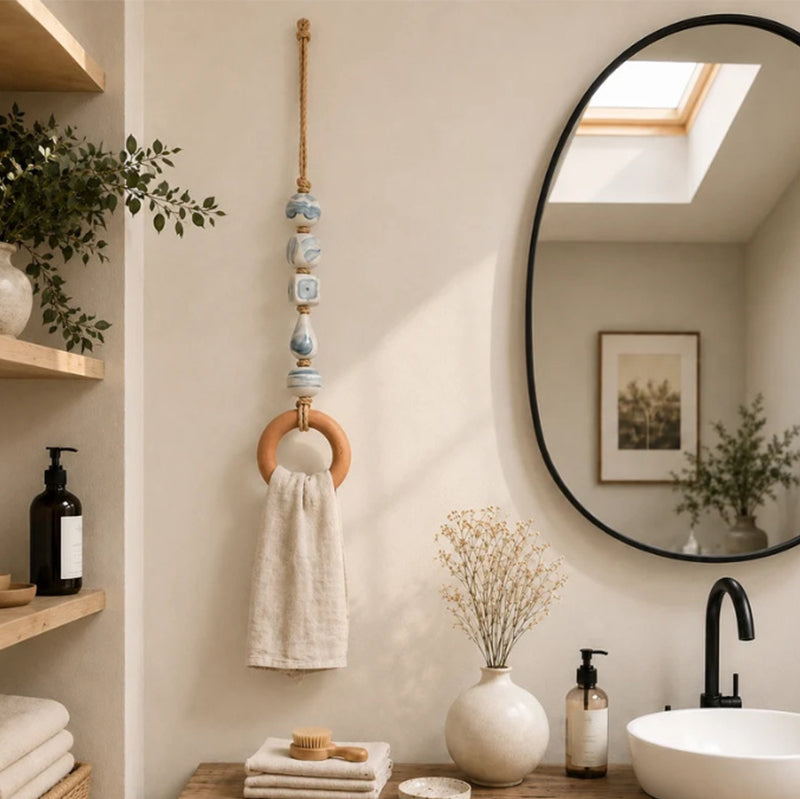 🏡Decoratieve Handdoekhanger met Kralen & Houten Ring | Praktisch voor Keuken & Badkamer | Handig Ophangen met een Warme, Natuurlijke Look